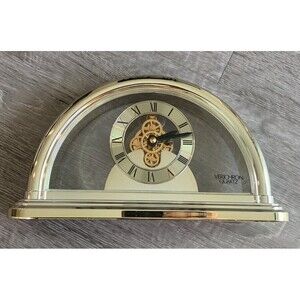 Vintage Verichron Quartz Skeleton Mantel Clock.  Tested. Half Moon Gold